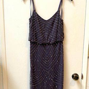 Adrianna Papell Art Deco Blouson beaded gown in Gunmetal.